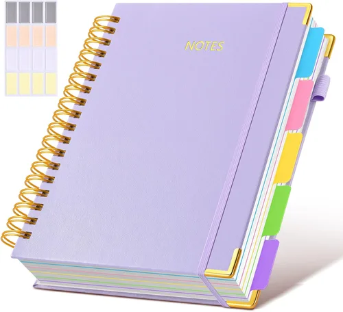 Miniatura 46 de Cuaderno universitario de espiral con tapa dura de cuero de 8 x 10 pulgadas, con pestañas separadoras extraíbles, para 5 materias, a rayas; diario