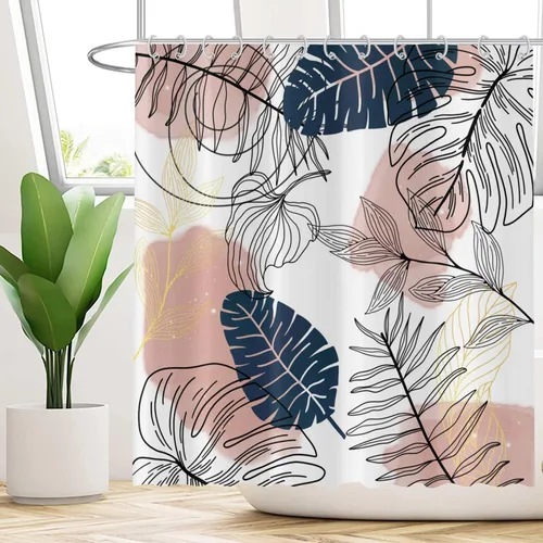 Miniatura 14 de Cortina de ducha bohemia y chic, cortina de baño moderna con hojas tropicales abstractas y ramas botánicas doradas, para decoración del hogar, tela