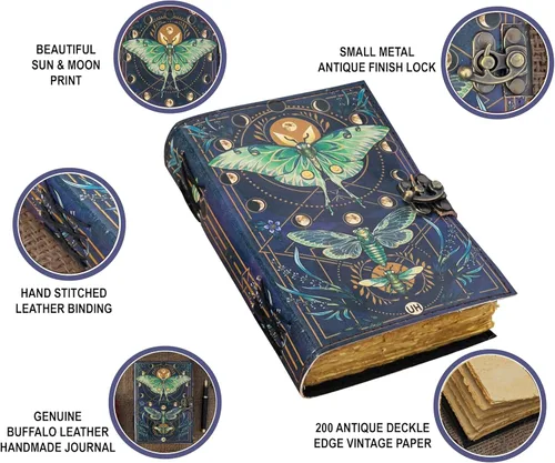 Miniatura 6 de Libro de Hechizos en Blanco Diario de las Sombras con Cierre de Cerradura Vintage Hecho a Mano de Cuero con Estampado de Polillas Luna y Mariposa