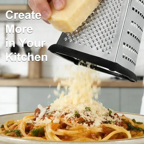 Miniatura 6 de Ourokhome Rallador de queso, rallador de caja de mano con recipiente y tapa, acero inoxidable de 4 lados para cocina, juliena ondulada, rebanadora