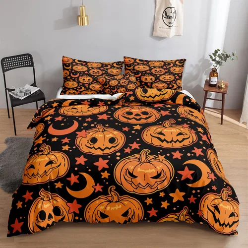 Juego de funda de edredón de calabaza para Halloween, divertido diseño de calabaza malvada, color negro, juego de ropa de cama Tiwn 1 funda de