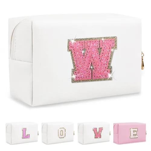 Miniatura 347 de Pequeña bolsa de maquillaje personalizada con inicial A-Z Preppy Patch, bolsa de cosméticos de viaje de felpilla blanca con cremallera, bonita bolsa