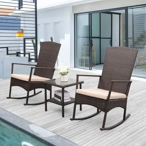 Miniatura 2 de Mecedora de mimbre de polietileno para exteriores, juego de 3 piezas, 2 sillones mecedores, mesa auxiliar de café, muebles lavables con cordones