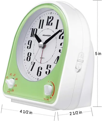 Miniatura 5 de Peakeep Reloj despertador analógico silencioso sin tictac, 7 sonidos opcionales de despertador con control de volumen, luz nocturna y repetición