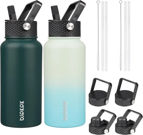 Miniatura 28 de BJPKPK Paquete de 2 botellas de agua aisladas con tapas con pajita, botella de agua de metal de acero inoxidable de 18oz con 6 tapas, jarras a