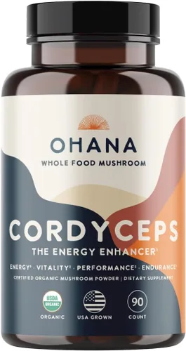 Miniatura 10 de Ohana Cordyceps, mezcla de hongos orgánicos, suplemento orgánico de hongos integrales USDA, sin OMG, sin gluten, botella de 90 cápsulas, paquete de 1