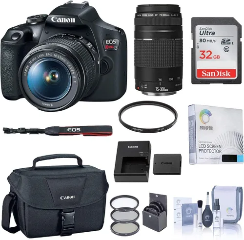 Canon EOS Rebel T7 - Cámara DSLR con EF-S 0.709-2.165 in y lente EF 2.953-11.811 in, paquete esencial con bolsa, batería, kit de filtro, tarjeta SD