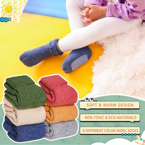 Miniatura 2 de 6 pares de calcetines antideslizantes para bebés y niñas, calcetines cálidos con agarres para niños pequeños, de lana gruesa y suave, para invierno