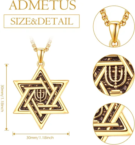 Miniatura 2 de ADMETUS Collar de amuleto de plata de ley 925 Collar Ankh con estrella de David para hombre con cadena de 22 pulgadas + 2 pulgadas