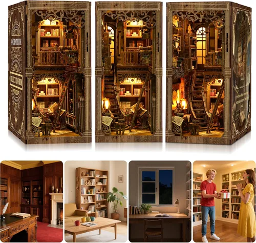 Miniatura 7 de SUNNINO Kit de Rincón de Libros - Kit de Casa de Muñecas en Miniatura DIY, Rompecabezas 3D de Madera con Luz LED, Kits de Rincón de Libros