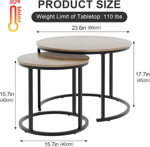 Miniatura 3 de Garden 4 you Mesa de Centro Anidable, Juego de Mesa de Centro Redonda de 23.6" de 2 Piezas, Juego de Mesas Anidables de Madera con Marco de Metal
