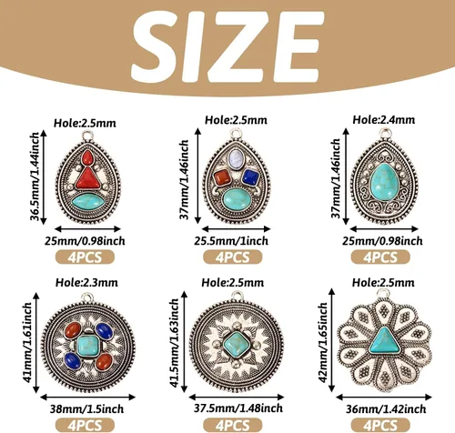 Miniatura 6 de Pandahall - 20 dijes de piedra turquesa estilo tibetano de aleación de lágrima, flor redonda, 6 estilos, dijes bohemios para hacer joyas, collares