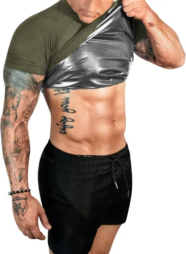 FUXERT - Camisa de sauna para hombre, traje de sudor para gimnasio, ejercicio, camisa de compresión, ropa de entrenamiento moldeadora Verde