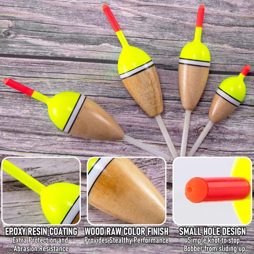 Miniatura 3 de Alwonder Paquete de 4 Bobbers para Pesca, Flotadores Deslizantes de Cuerpo de Madera de Balsa Flotante, Bobber Deslizante Ovalado de Alta 4-paquete