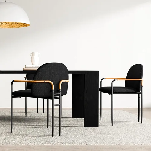Miniatura 6 de Silla de comedor moderna de tela negra de lino con respaldo curvo, patas de metal y reposabrazos de cuero, sillón moderno de mediados de siglo