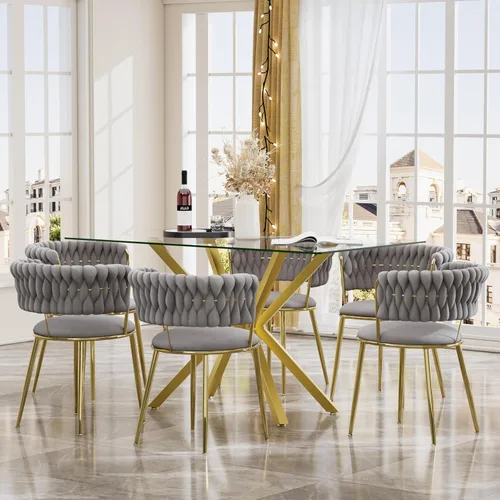 Miniatura 12 de Juego de mesa de comedor de cristal negro de 47 pulgadas para 4, juego de mesa de cocina minimalista moderno y 4 sillas de comedor de terciopelo