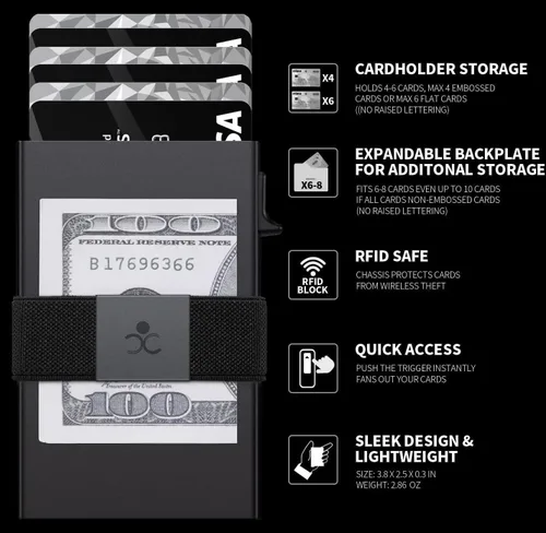 Miniatura 27 de Cartera delgada de aluminio para hombre, placa trasera expandible duradera, bloqueo RFID, billetera desplegable de metal minimalista, con capacidad