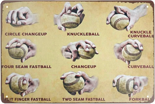 Super durable Letreros de estaño con empuñaduras de lanzamiento de béisbol y habilidades de béisbol, vintage, bar, cafetería, garaje, decoración de