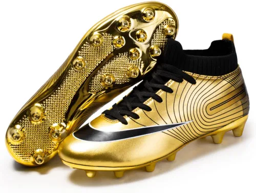 Botines de fútbol de grado profesional botas de fútbol unisex de alta calidad con picos y suelas de suela dorada para entrenamiento en exteriores e