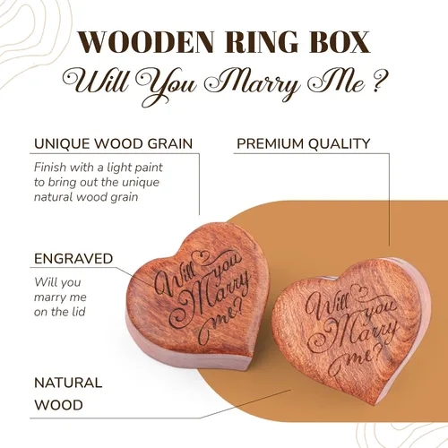 Miniatura 2 de MONYCraft Caja de anillo con forma de corazón Caja de madera hecha a mano para propuesta, caja de anillo de compromiso de madera, caja de anillo