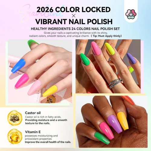 Miniatura 3 de SAVILAND Juego de esmaltes de uñas: kit de esmalte de uñas de secado rápido rosa brillante, amarillo y rojo, con purpurina, 24 colores, esmalte