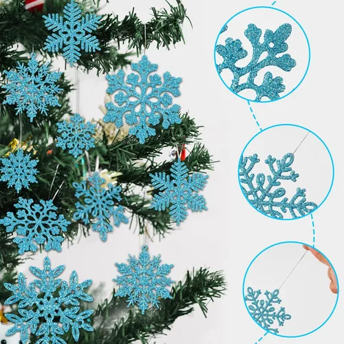 Miniatura 5 de 49 piezas de adornos de Navidad, decoraciones de copo de nieve en oferta - Adornos de Navidad azules con purpurina, copos de nieve colgantes