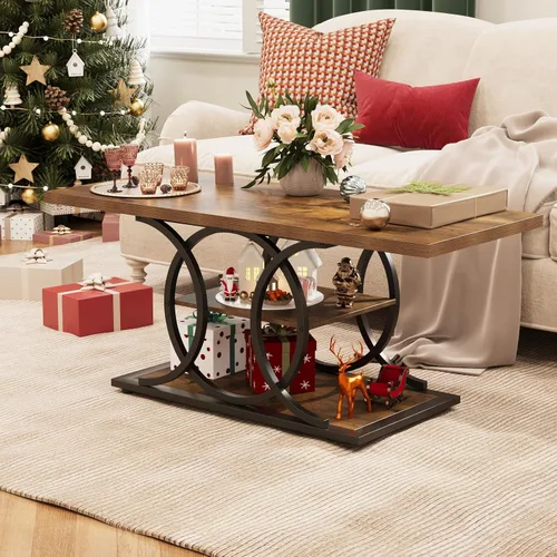 Miniatura 4 de GiftGo Mesa de café rústica con almacenamiento industrial de 3 niveles, mesa de centro de madera rectangular estilo granja para sala de estar, mesa
