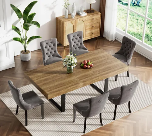 Miniatura 2 de Juego de mesa de comedor extensible marrón de 7 piezas para 6, 63 a 78.74 pulgadas, moderno juego de mesa de cocina y comedor, mesa de comedor Mesa