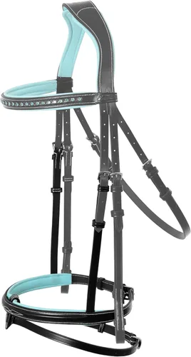 Miniatura 4 de Exion - Brida brillante en banda para la ceja y banda nasal con suave acolchado de cuero azul bebé brida de salto y rienda de goma Brida inglesa