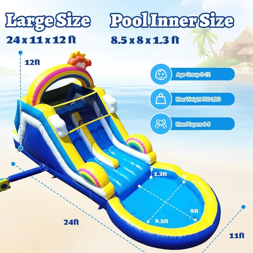 Miniatura 2 de Tobogán acuático de grado comercial de 24 pies de largo para adultos, (tobogán doble) (PVC completo resistente) (piscina de agua grande)