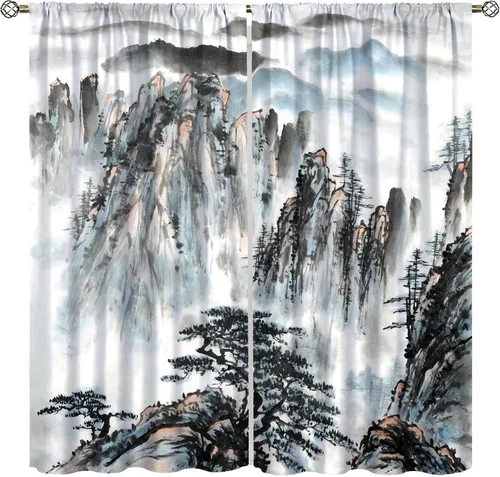 Miniatura 14 de Cortina asiática, flor de cerezo japonés, montañas brumosas de ciruelo rojo asiático, pintura de tinta tradicional, paisaje chino oriental