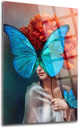 Arte de pared de vidrio con temática de mujeres y mariposas, decoración de pared para el hogar, sala de estar, entrada, dormitorio, color vivo,
