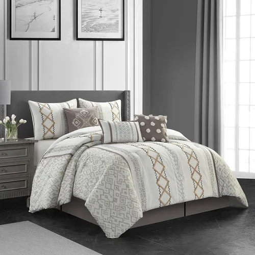 Miniatura 2 de Grand Avenue Juego de edredón Blanco Rojo tamaño Queen, juego de ropa de cama para todas las estaciones de 7 piezas con bordado de felpa, falda