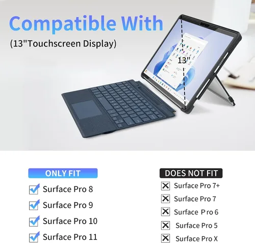 Miniatura 2 de Funda para Microsoft Surface Pro 11/10/9/8 de 13 pulgadas, con cubierta de soporte, correa de mano, funda resistente todo en uno compatible con Negro