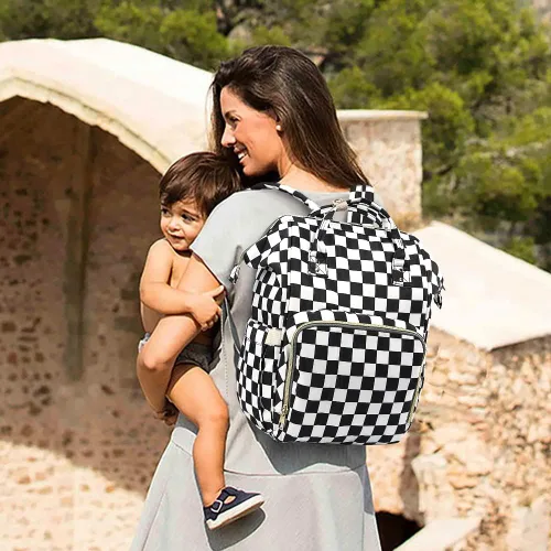 Miniatura 8 de Mochila para pañales para mamá y papá, bolsas cambiadoras de bebé impermeables multifuncionales, mochila grande para pañales cuadriculado
