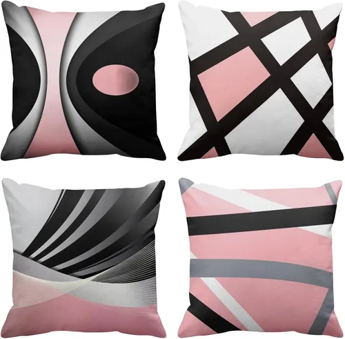 Miniatura 7 de Emvency - Juego de 4 fundas de almohada decorativas modernas con rayas abstractas en rojo, gris, negro y blanco, acrílico, gris audaz, fundas