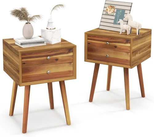Miniatura 8 de GIANTEX - Mesa auxiliar con cajones y almacenamiento, mesa auxiliar de madera estilo Mid Century multiusos para dormitorio, sala de estar, muebles