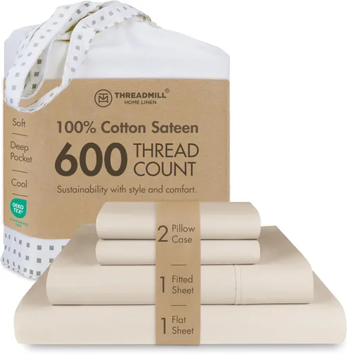 Miniatura 42 de Threadmill Sábanas de Algodón 100% para Cama Tamaño Queen - Juego de Sábanas Queen de 600 Hilos con Bolsillo Profundo de 16" - Juego de Ropa de Cama