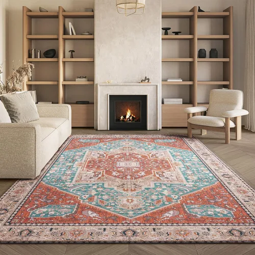 Miniatura 9 de SAFAVIEH Alfombra lavable Tucson Collection - 2 pies 6 pulgadas x 4 pies, aguamarina y óxido, antideslizante y fácil de limpiar, ideal para sala