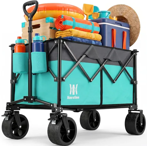 Miniatura 9 de Navatiee Big Wheels - Carrito plegable de playa, resistente, con ruedas silenciosas para todo terreno, carrito de comestibles plegable con bolsillo
