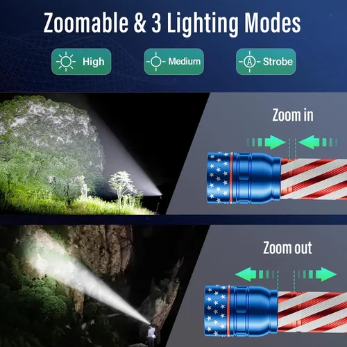 Miniatura 2 de RECHOO Linterna recargable, 1 unidad, luz brillante de grado militar, altos lúmenes con enfoque ajustable y 3 modos de iluminación, linterna LED