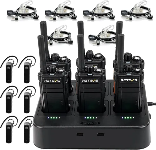 Miniatura 17 de Retevis RB37 Walkie Talkies Bluetooth con cargador de 6 vías, radio inalámbrica de dos vías con auricular, linterna, 2000 mAh para 21 horas, tipo C
