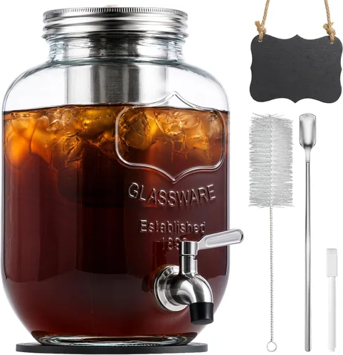 JunVpic Cafetera de cerveza fría – 128 onzas / 1 galón de boca ancha, jarra de vidrio resistente a prueba de fugas con filtro y espita para café