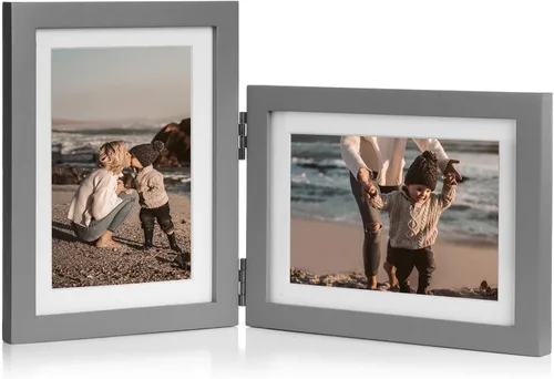 Miniatura 15 de Marco de fotos doble de 4 x 6 pulgadas con bisagras horizontales, marco de fotos plegable en madera de pino negro con vidrio real para mesa
