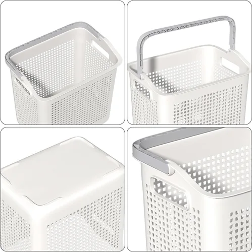 Miniatura 3 de Juego de 4 cestas grandes para ropa sucia con asas, cestas de plástico para ropa sucia, color blanco