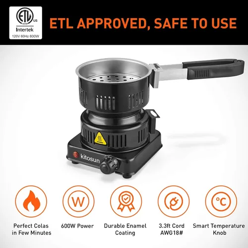 Miniatura 2 de Quemador eléctrico de carbón de coco de 600 W ETL para barbacoa camping cocina Fast Heating Coal Burner Hot Plate, Detachable Handle, Stainless