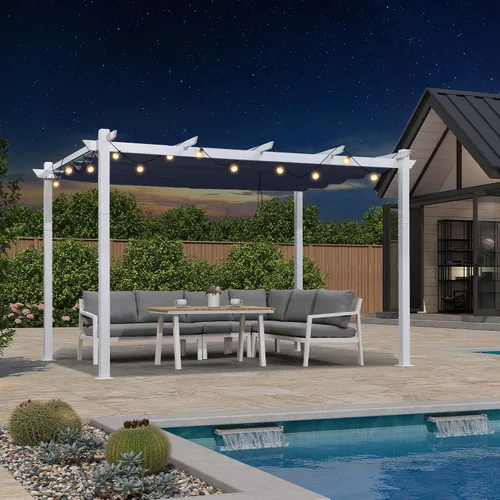 Miniatura 9 de PURPLE LEAF Pérgola Retráctil de 10' x 13' para Exteriores de Aluminio Blanco con Toldo de Sombra para Patio Refugio Moderno Marrón para Jardín