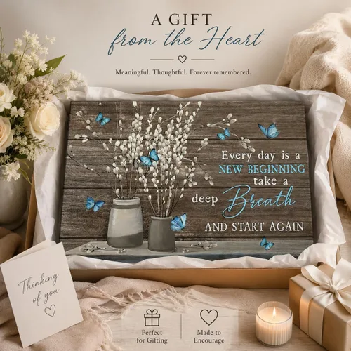 Miniatura 8 de Arte de pared de lienzo para baño estilo granja, vintage, rústico, país, flor, mariposa azul, pintura, imagen, decoración de pared, Cada día es un
