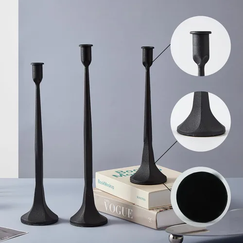 Miniatura 7 de Denique Juego de 3 portavelas cónico de hierro, portavelas negro, portavelas decorativo, juego alto para bodas, mesa de comedor, decoración