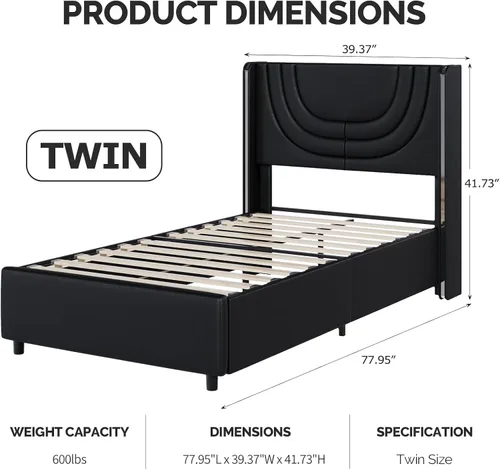 Miniatura 2 de REVOMINCA Base de cama individual con luces LED, plataforma tapizada de piel sintética con cabecera de ala plateada, estilo moderno, no necesita